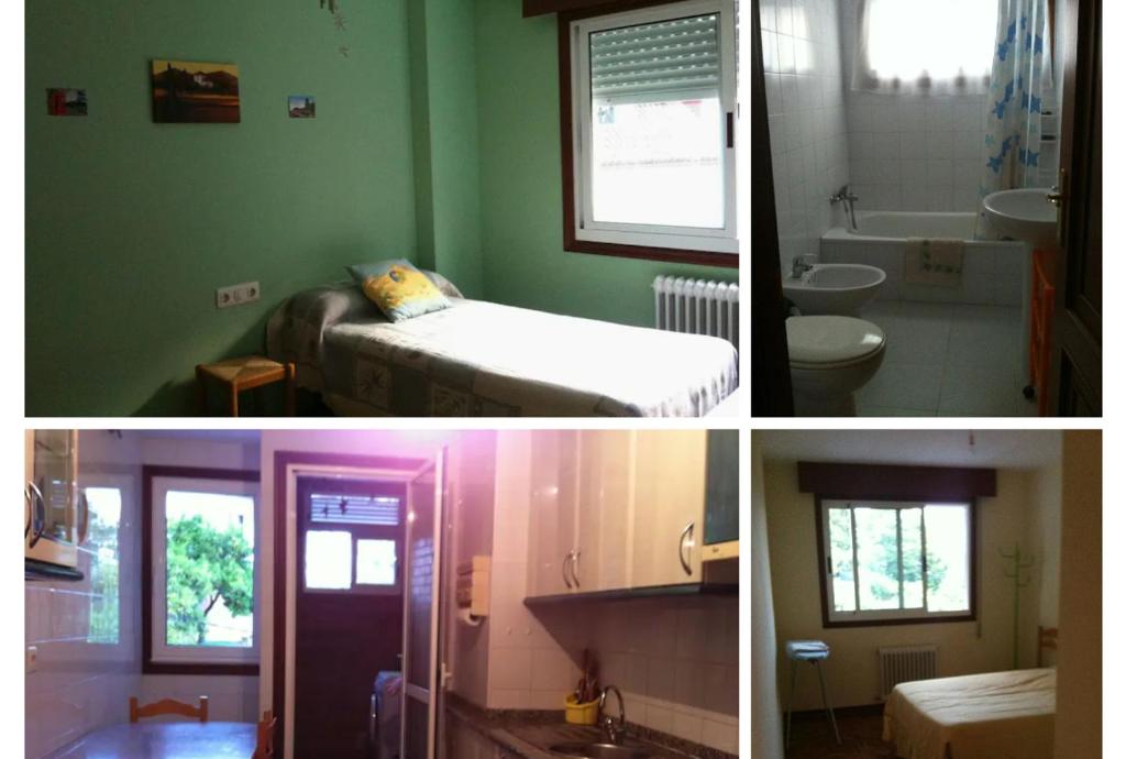 3 fotos de una habitación con cama y baño en Vacacions nas Neves - Holidays, en Nieves