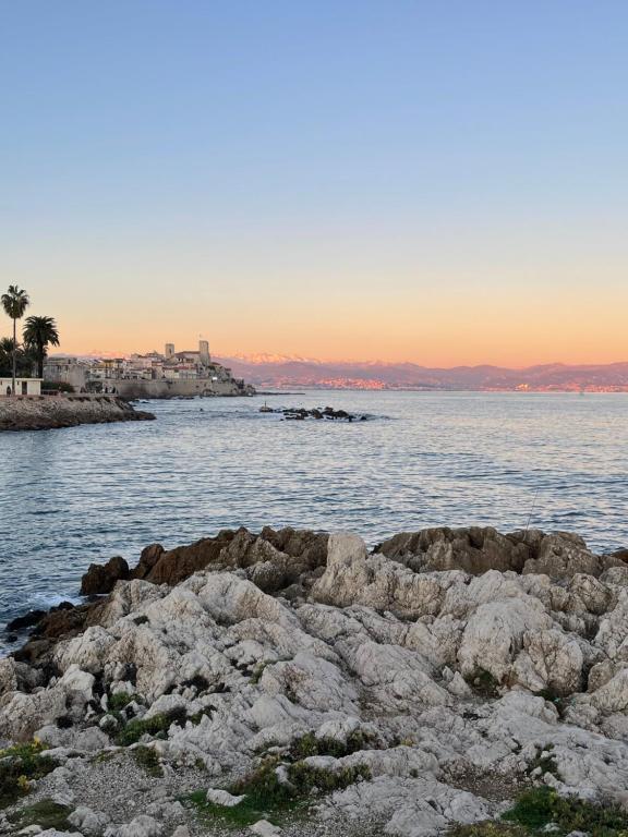 a view of the ocean with rocks in the foreground at Cozy studio on the beach in Antibes