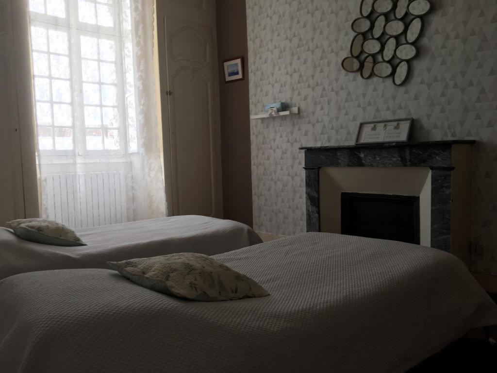 two beds in a room with a fireplace at Résidence du Château in Jonzac