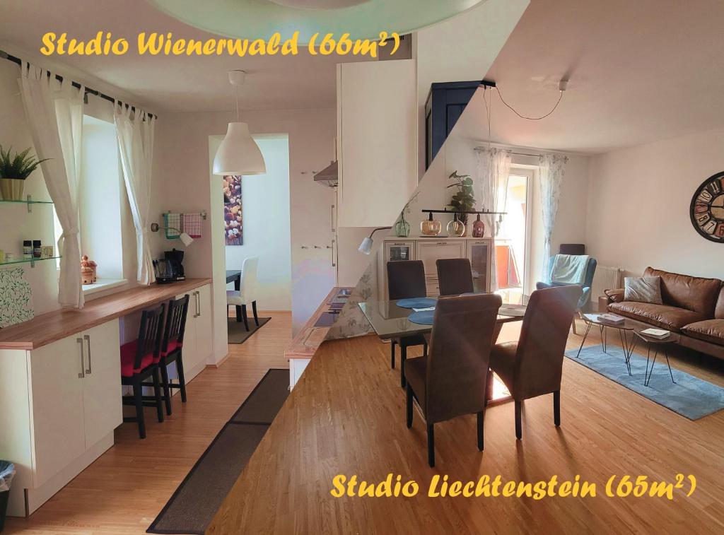a kitchen and a living room with a table and chairs at Studios Am Wienerwald in Hinterbrühl