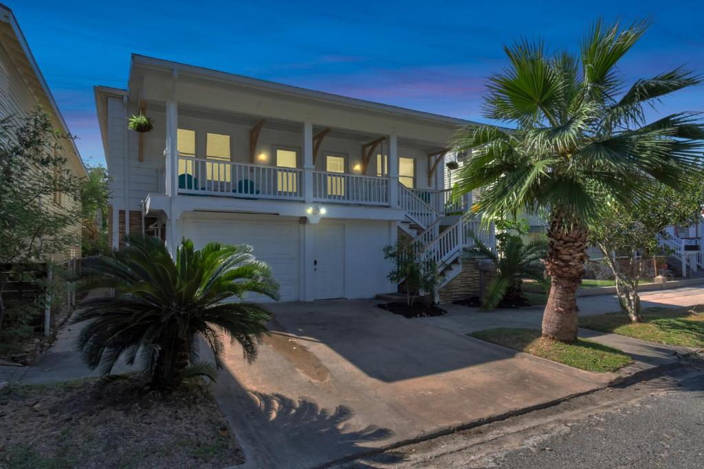 a house with a palm tree in front of it at Sleeps 19! 3 Kitchens, LR's, 4 BR 4.5 BTH - Beauty in Galveston