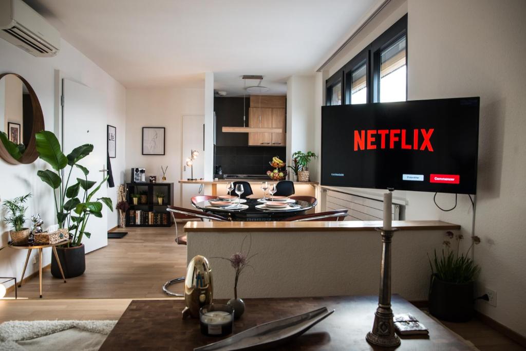 TV a/nebo společenská místnost v ubytování WowAppartements vue sur le jet d'eau