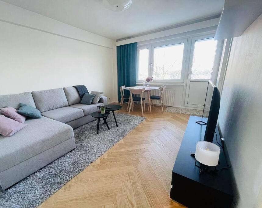 uma sala de estar com um sofá e uma mesa em Studiohuoneisto Ainonkatu AC, WiFi, balcony em Lappeenranta