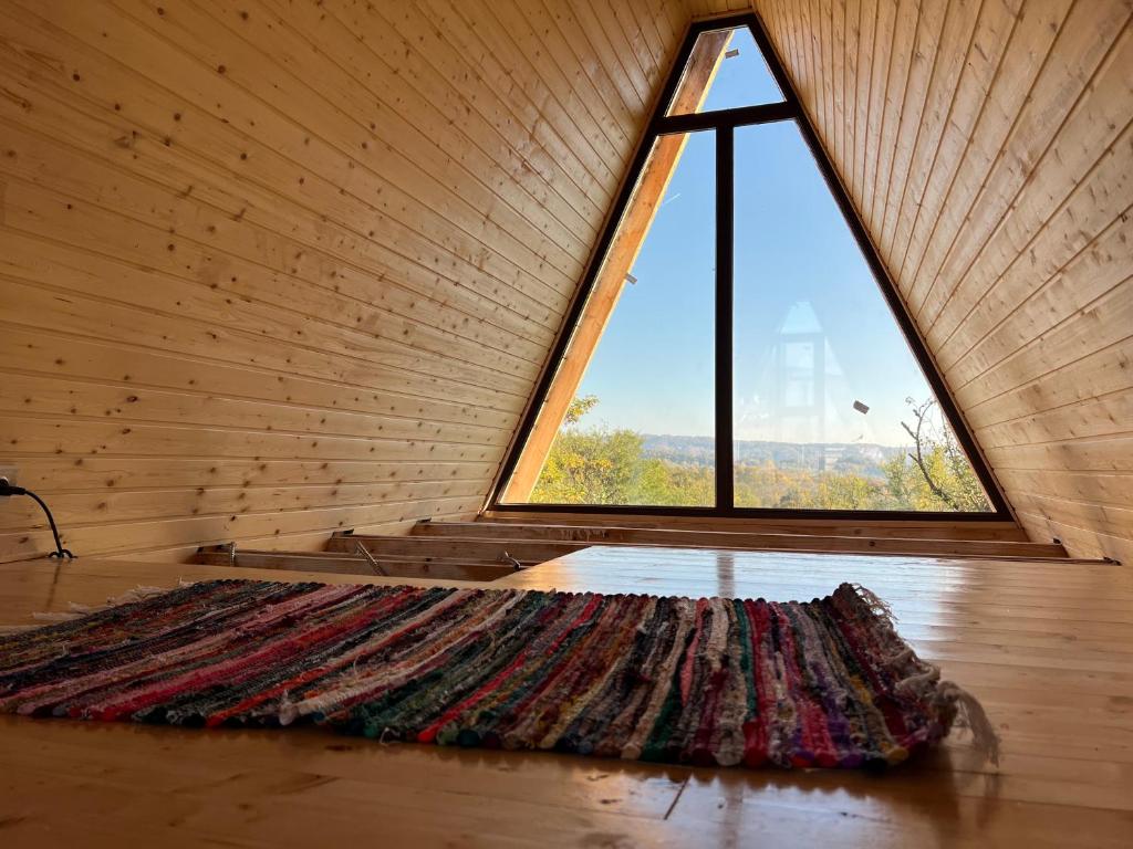 Cette chambre dispose d'une grande fenêtre et d'un tapis au sol. dans l'établissement Horezu Cozy Cabin, 