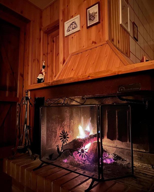a fireplace in a living room with a fire at La casa di Fantalegno in Camigliatello Silano