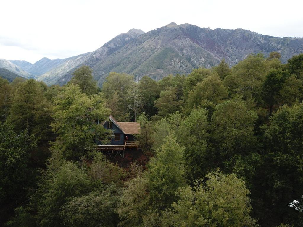 uma cabana no meio de uma floresta com montanhas em Conguillio Cabaña Chercan em Conguillio