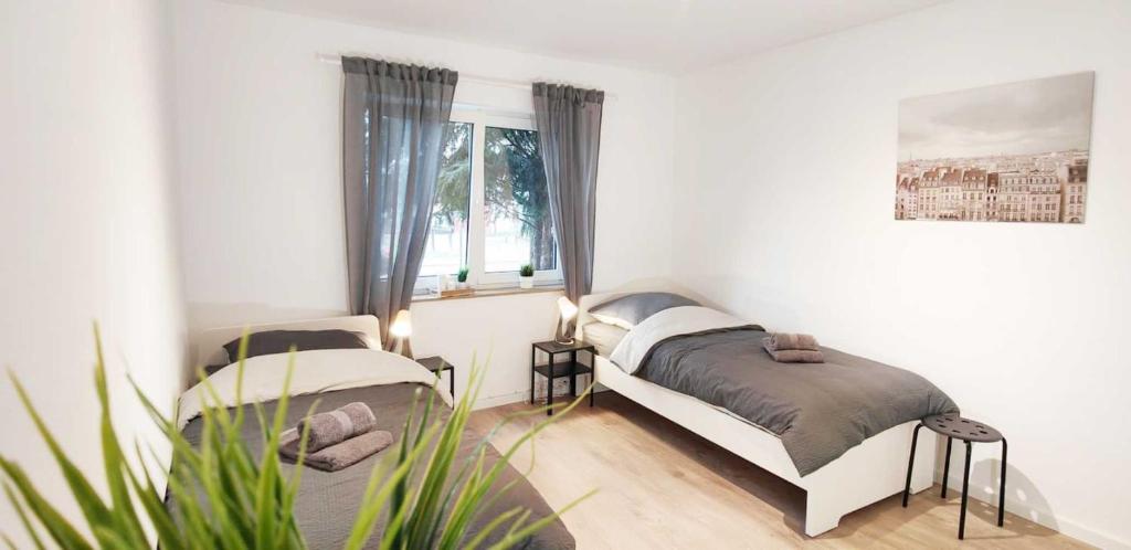 - une chambre avec deux lits et une plante en pot dans l'établissement Chic Apartments in Altenstadt, à Altenstadt