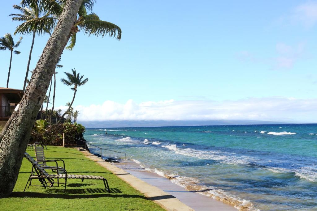 un banco sentado en la playa junto al océano en Paki Maui 313, en Kahana