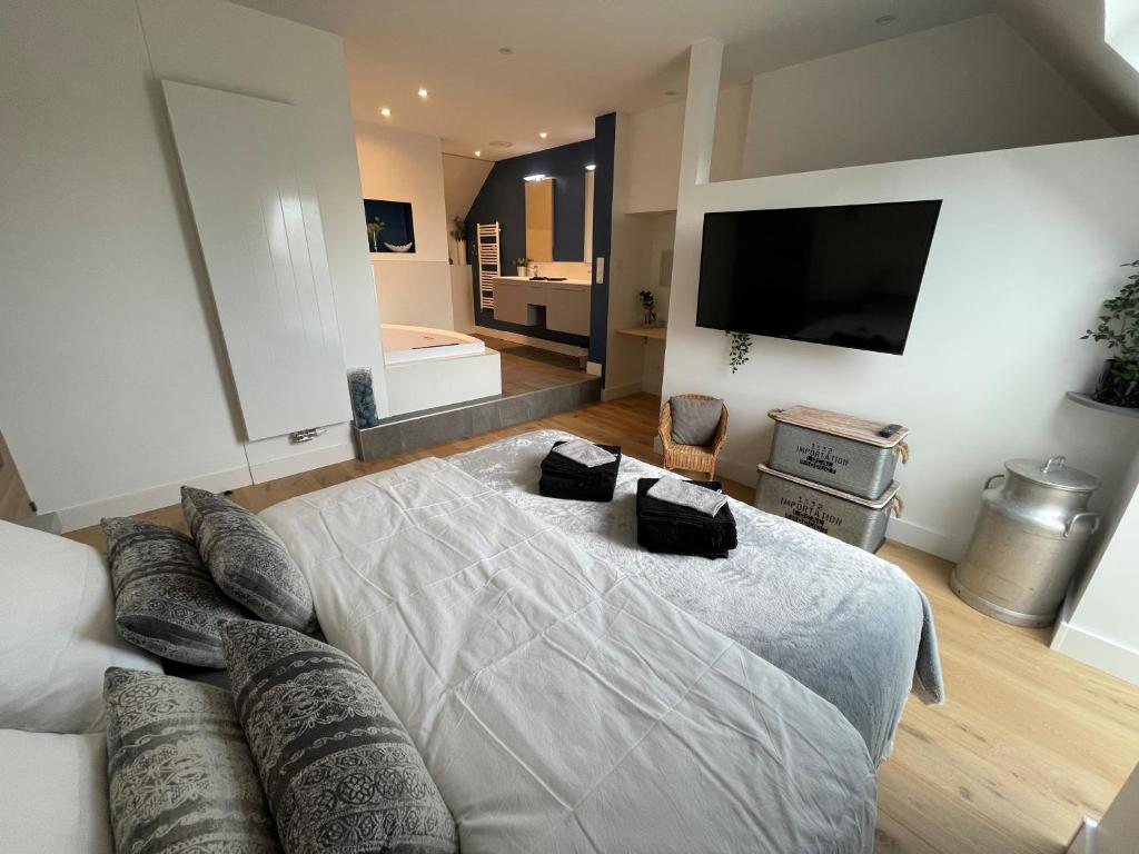 ein Schlafzimmer mit einem großen Bett und einem Sofa in der Unterkunft Chambre proche centre avec petit déjeuner in Fontaine-lès-Dijon