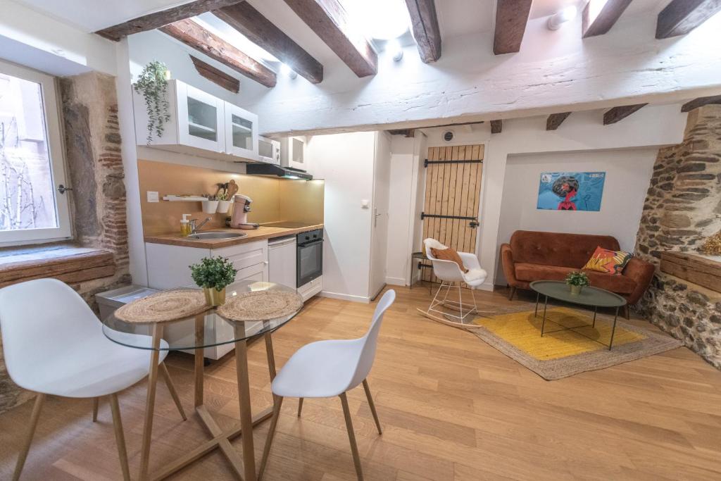 eine Küche und ein Wohnzimmer mit einem Tisch und Stühlen in der Unterkunft Cosylocation - Chaleureux - Hypercentre in Vienne