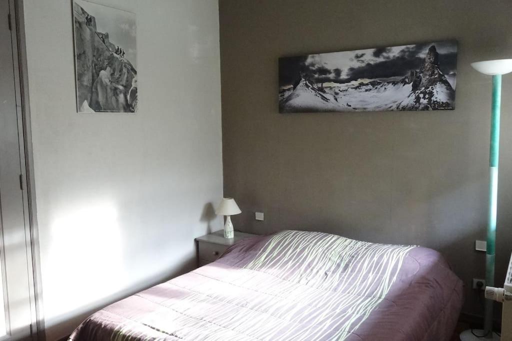 a bedroom with a bed and a picture on the wall at Duplex 14 p centre de Saint Gervais Mont-Blanc in Saint-Gervais-les-Bains