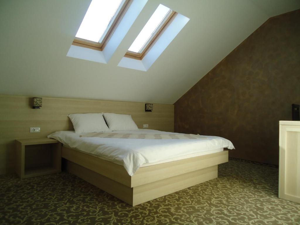 a bedroom with a large bed with a skylight at Sunrise Villa in Baile Felix