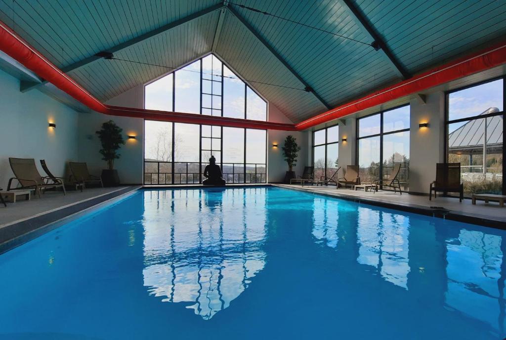 a person sitting in a swimming pool in a building at Maisons de Vacances Azur en Ardenne in Durbuy