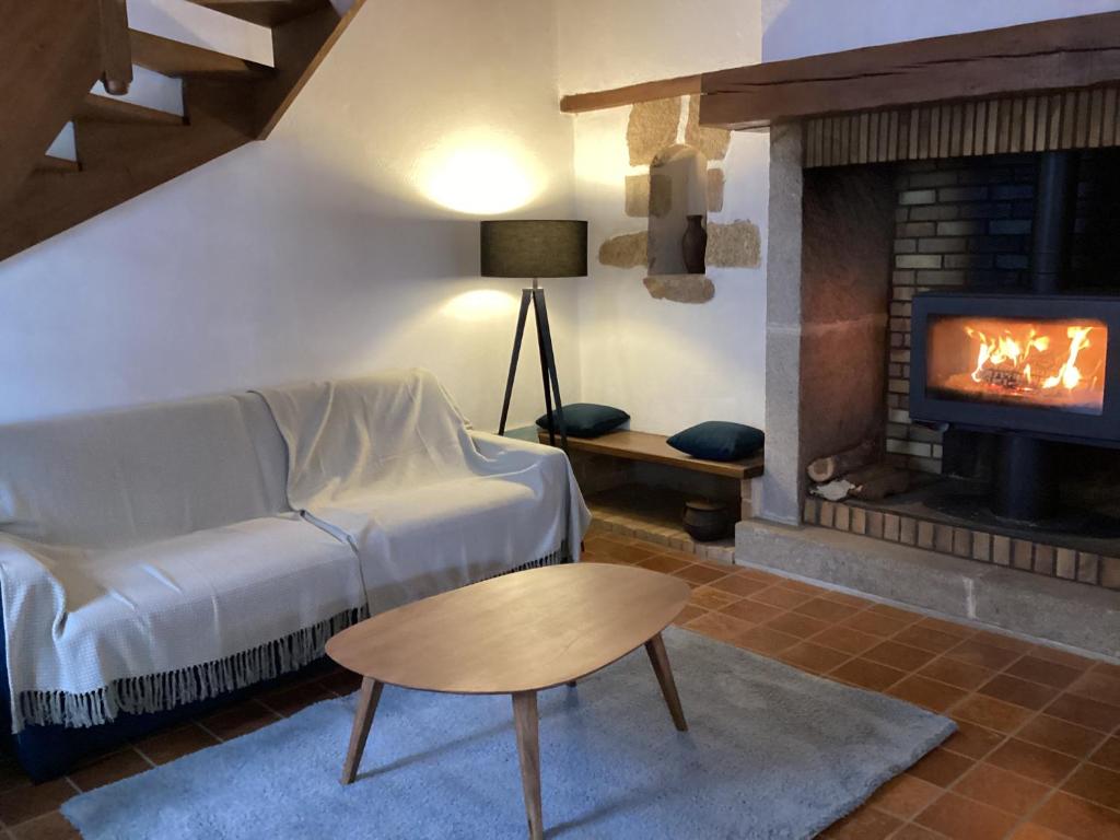 a living room with a couch and a fireplace at La maisonnette des champs in Pierre-Buffière