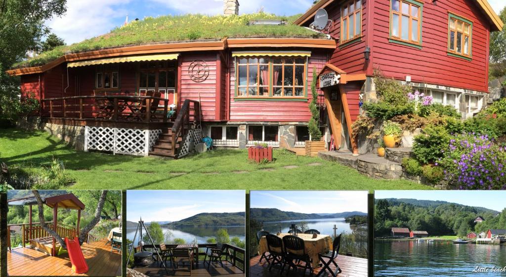 een collage van foto's van een huis met een grasdak bij Fjordside Lodge in Hordvik