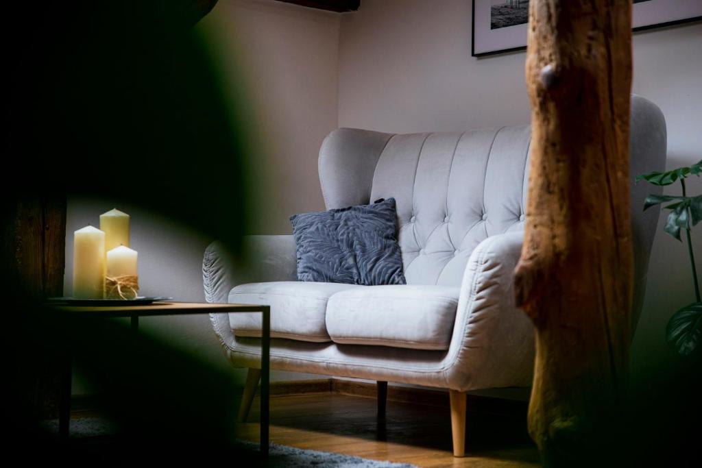 uma sala de estar com um sofá branco e uma mesa em VIP Apartamenty em Rzeszów