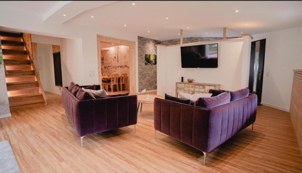 ein Wohnzimmer mit zwei lila Sofas und einem TV in der Unterkunft fewoflagmeier Kohlstetten II Alte Schreinerei in Kohlstetten