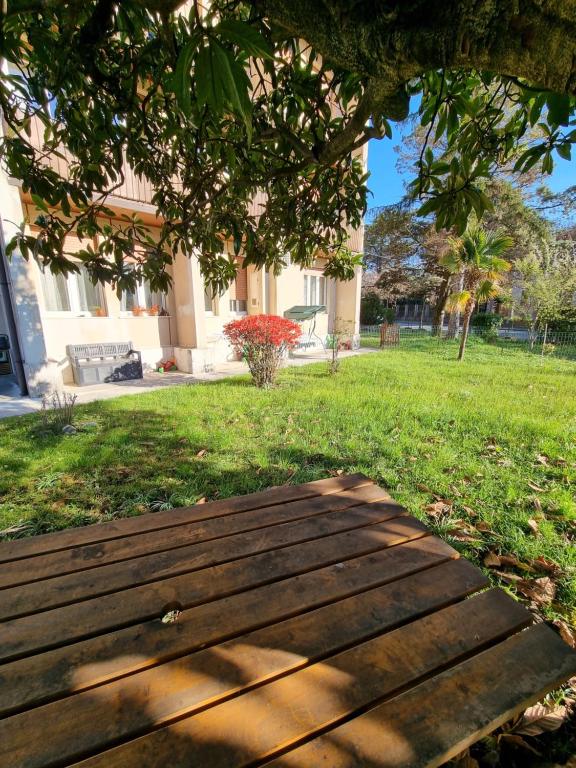 un banco de madera sentado en la hierba bajo un árbol en Alloggio Silva, en Gorizia