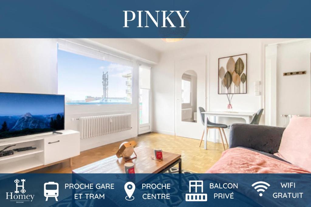 ein Wohnzimmer mit einem Sofa und einem TV in der Unterkunft HOMEY PINKY - Proche Centre / Balcon privé / Wifi in Annemasse