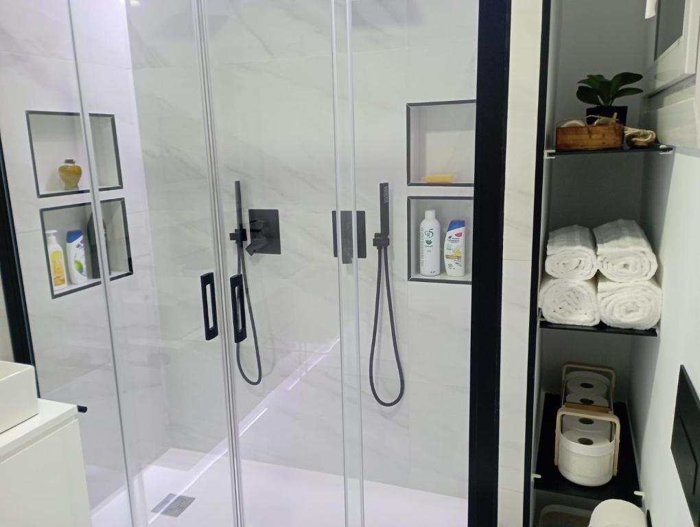 łazienka z prysznicem i szklanymi drzwiami w obiekcie Súper apartamento Santiago w Santiago de Compostela