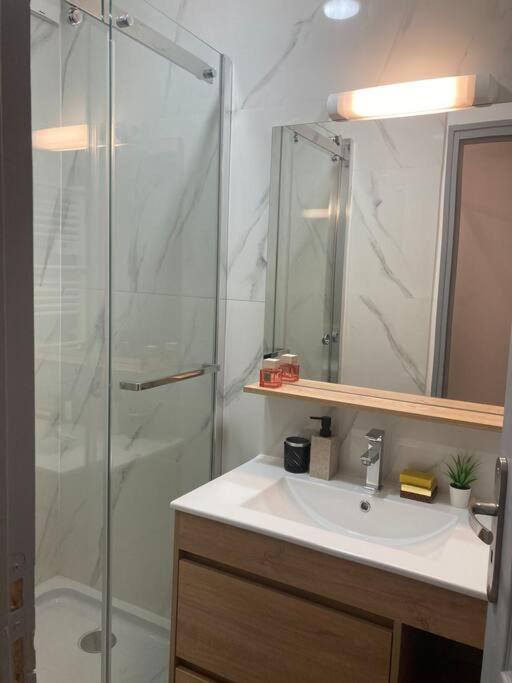 a bathroom with a sink and a glass shower at Appart de style centre Sedan 2E in Sedan
