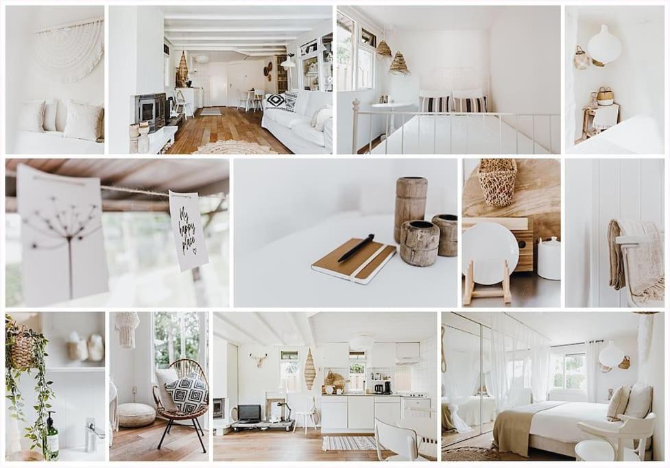 un collage de fotos de una habitación con muebles blancos en BOHO Holiday Home (bekend van VT Wonen), en Ermelo