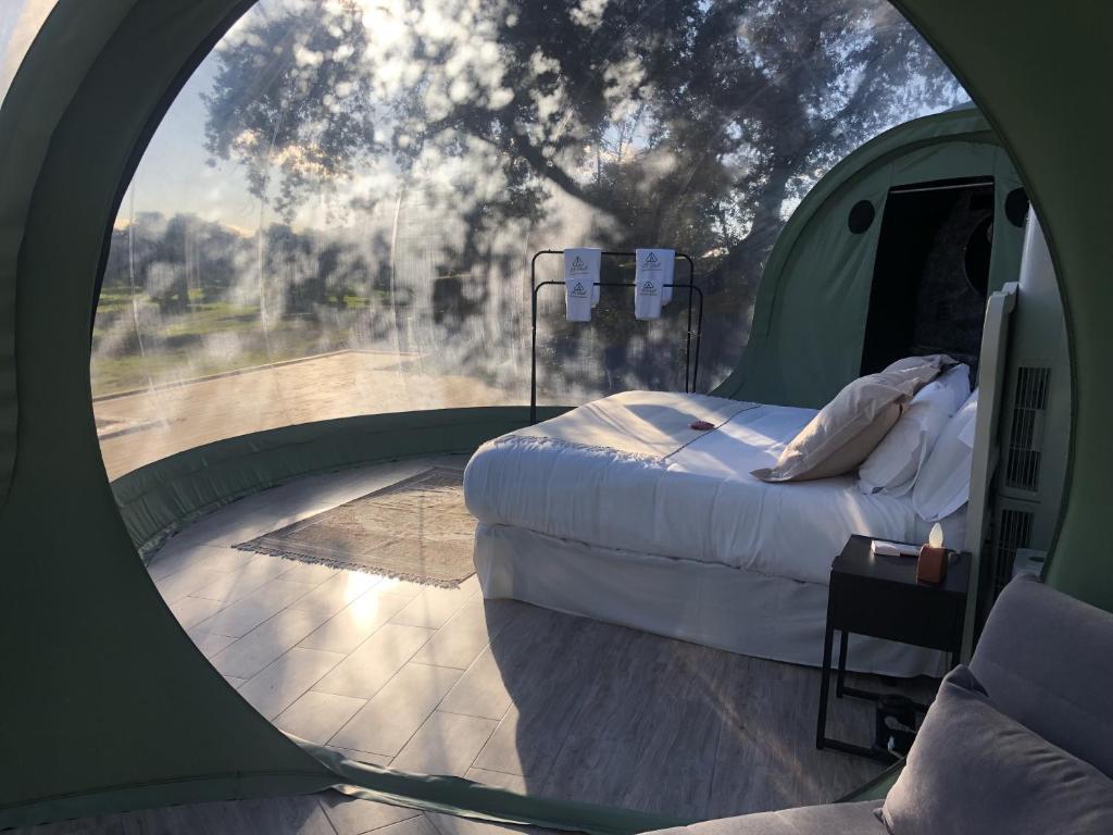 Zimmer mit einem Bett in einem Zelt mit einem Fenster in der Unterkunft El Toril Glamping Experience in Parrillas