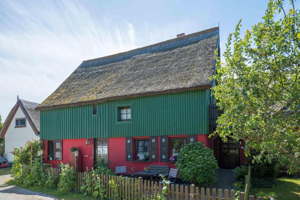 a red and green house with a thatched roof at Töpferweg 06 Ferienwohnung Tine in Ahrenshoop