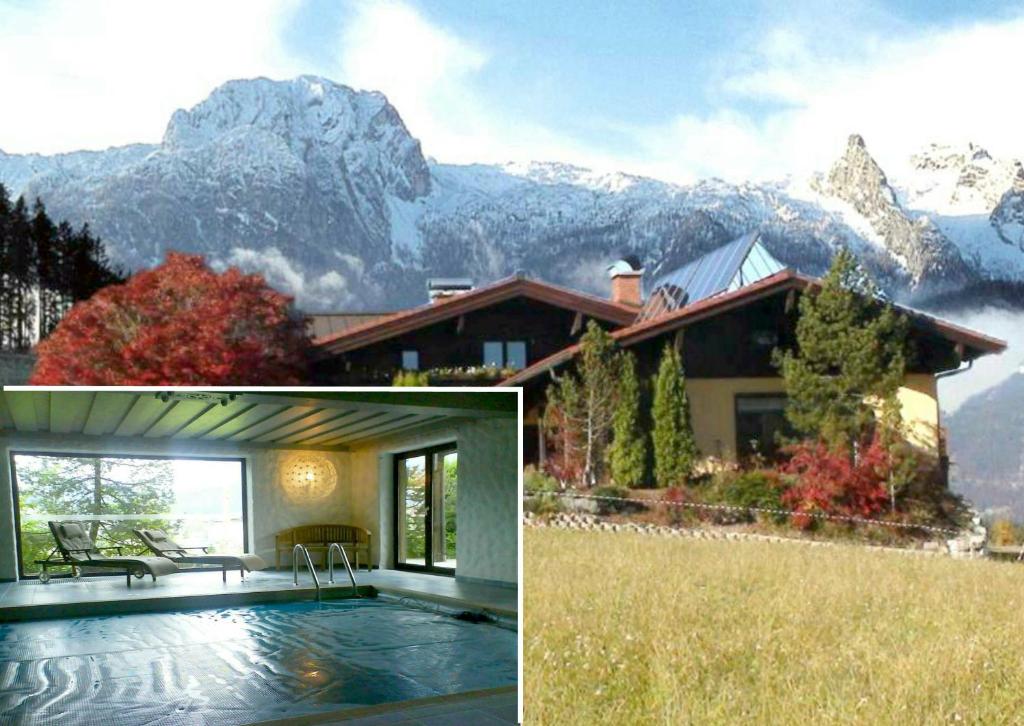 zwei Bilder eines Hauses mit Bergen im Hintergrund in der Unterkunft Villa Edelweiss - 3 to 6 Guests - private use of indoor pool, sauna and garden terrace in Abtenau