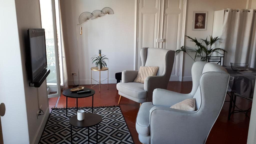 een woonkamer met 2 stoelen en een televisie bij Appartement avec balcon, bord du canal, Wifi. in Narbonne