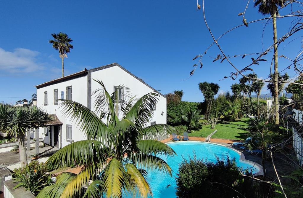 een huis met een palmboom naast een zwembad bij Quinta Minuvida in Rabo de Peixe