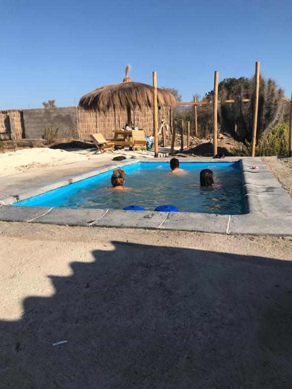 two people in a swimming pool with a thatched building at Eco Lodge Loro Tuerto in Guanaqueros