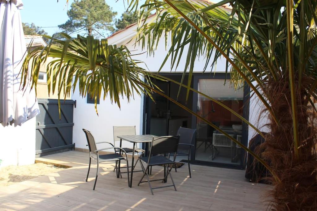 een patio met een tafel en stoelen en een palmboom bij Maisonnette 2 pièces 100m de la plage de la Clère in Le Grand Vieil