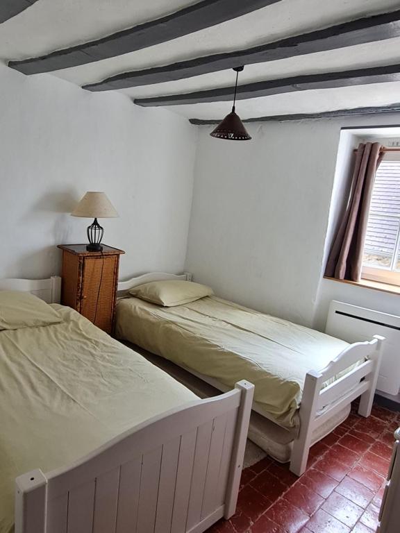 1 dormitorio con 2 camas y ventana en Le Coeur de Fresnay en Fresnay-sur-Sarthe