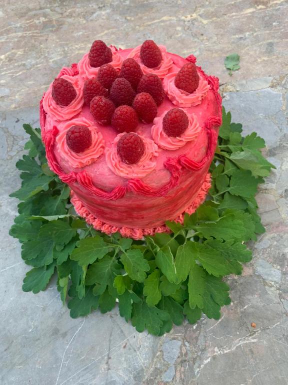 a red cake with raspberries on top of it at La Maison Saint Joseph in Crépy-en-Valois