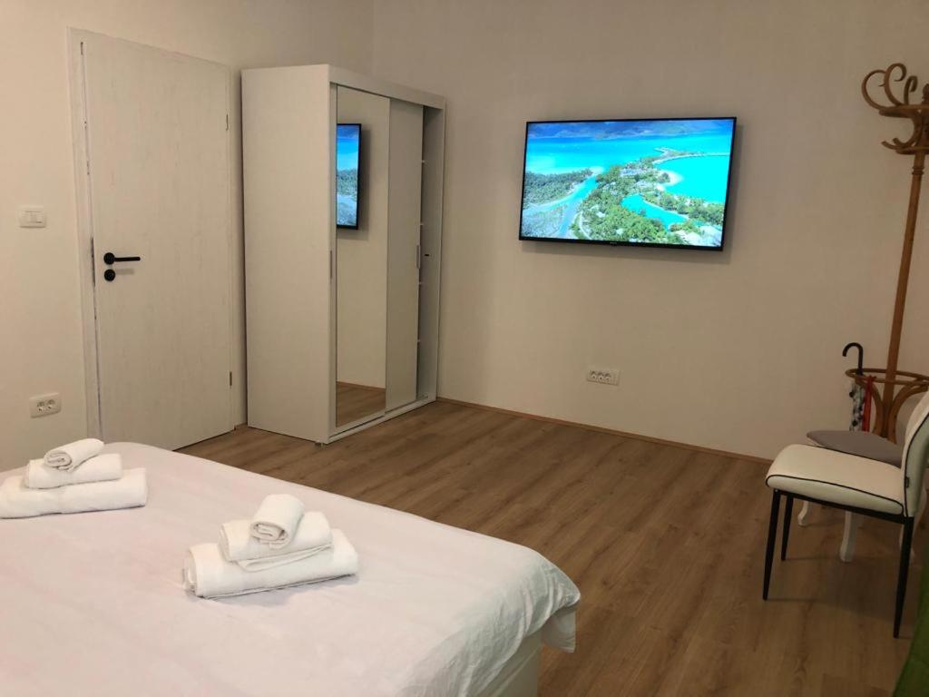 a room with a bed and a tv on the wall at Apartman Miro in Marčana