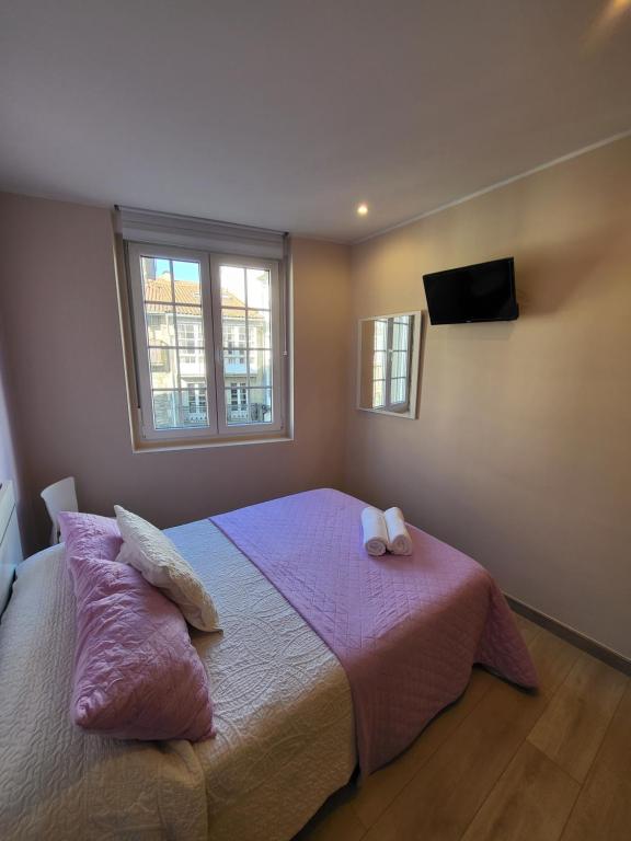 ein Schlafzimmer mit einem Bett mit zwei Kissen und einem TV in der Unterkunft Casa de Maria in Santiago de Compostela