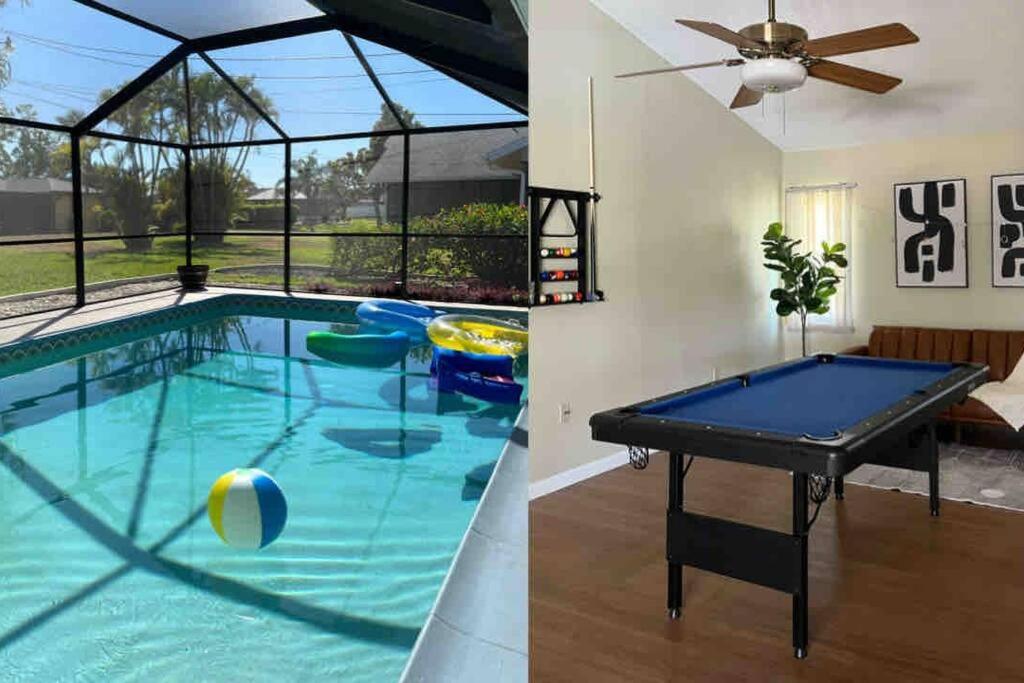 uma piscina e uma mesa de pingue-pongue numa casa em Sunshine Paradise em Cape Coral