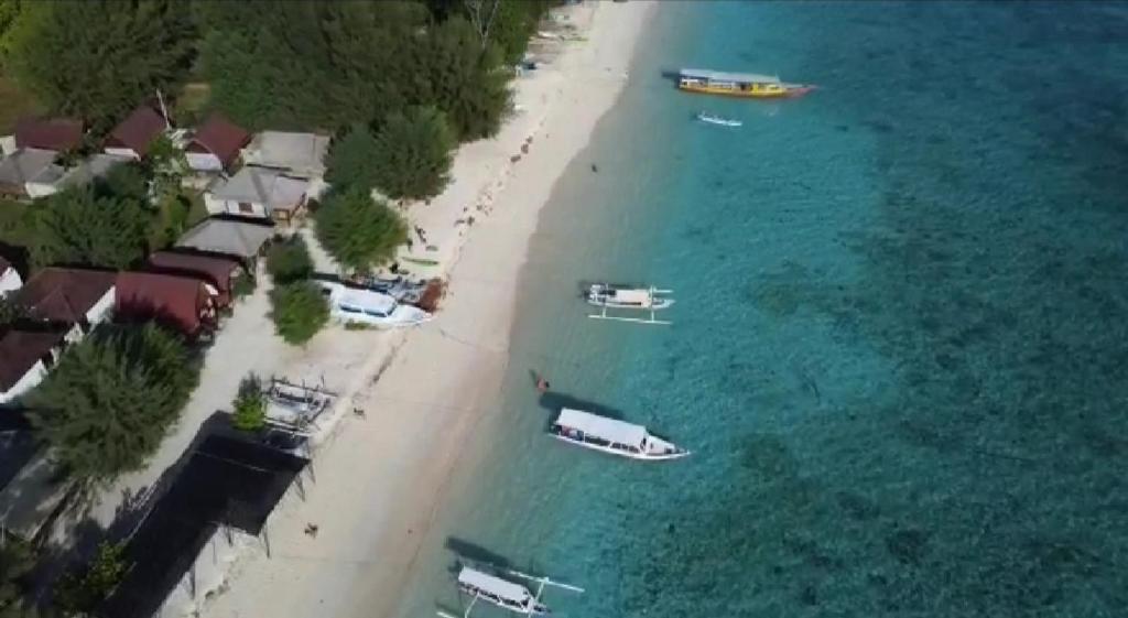 an aerial view of a beach with boats in the water at Bluecoral Bungalows in Gili Meno