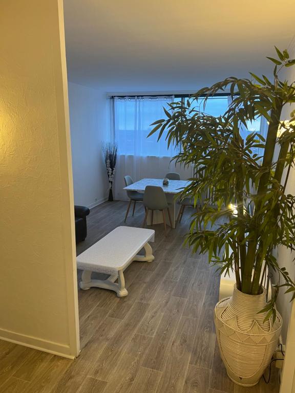 ein Wohnzimmer mit einem Tisch und einer Topfpflanze in der Unterkunft Appartement haut standing région Lilloise in Roubaix