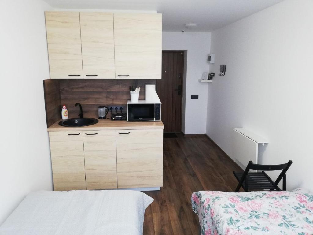a small kitchen with a sink and a microwave at Bridge Apartments Klaipeda in Klaipėda