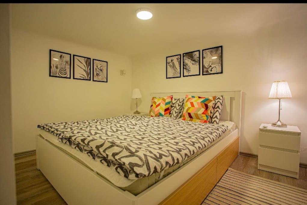 een slaapkamer met een bed en een lamp erin bij Cosy flat in Akácfa str., Aya in Boedapest