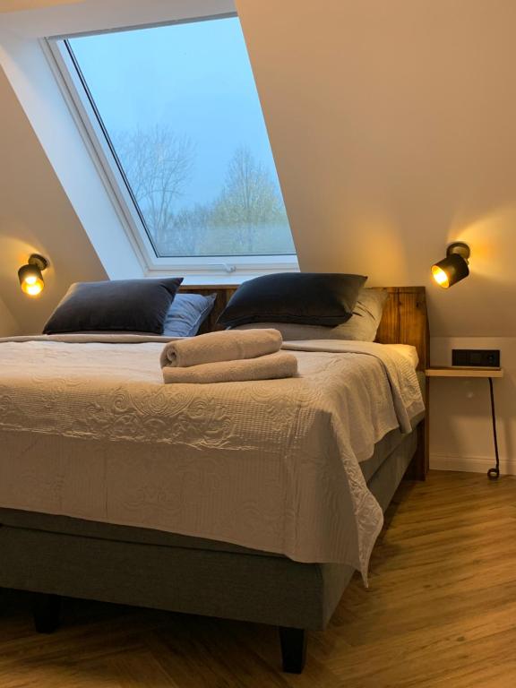 um quarto com uma cama e uma grande janela em Anderswo Apartments em Langenau