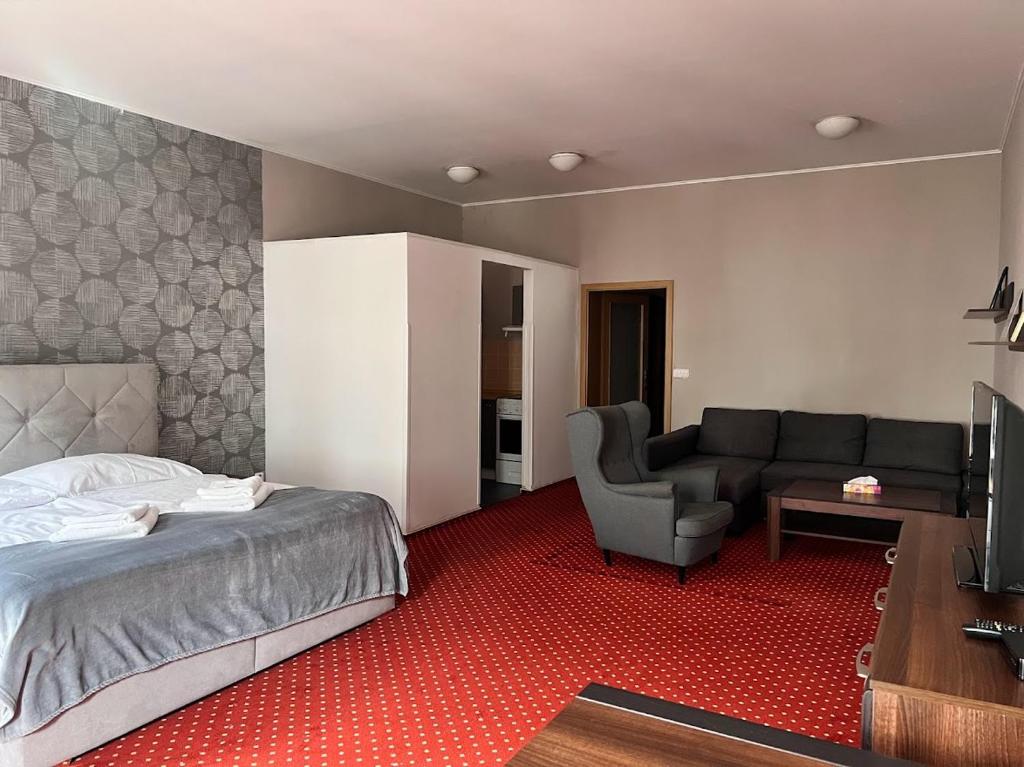 een slaapkamer met een bed, een bank en een televisie bij Pension U Jakuba in Olomouc