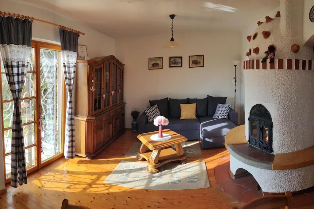 uma sala de estar com um sofá e uma lareira em Erdőszélén Házikó Vendégház em Kehidakustány