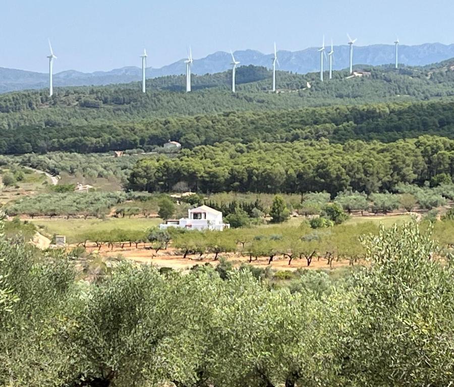 a wind farm with wind turbines in the distance at Casa Padel El Perello in Perelló