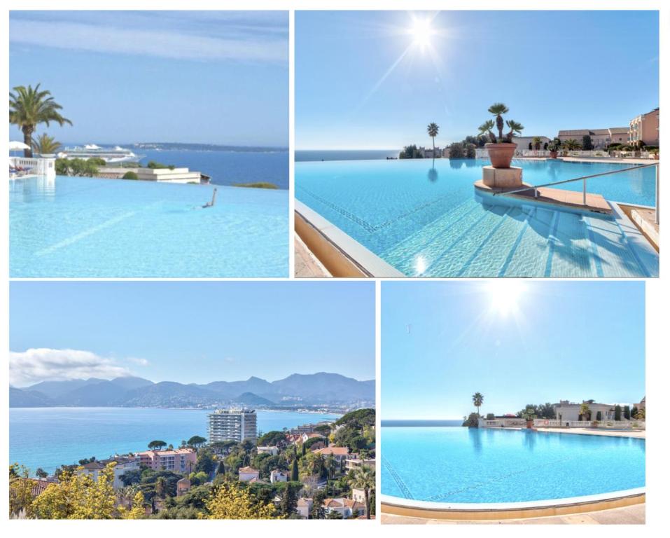 un collage de quatre photos d'une piscine dans l'établissement Appt Vue Mer Exceptionnelle sur baie de Cannes, à Cannes