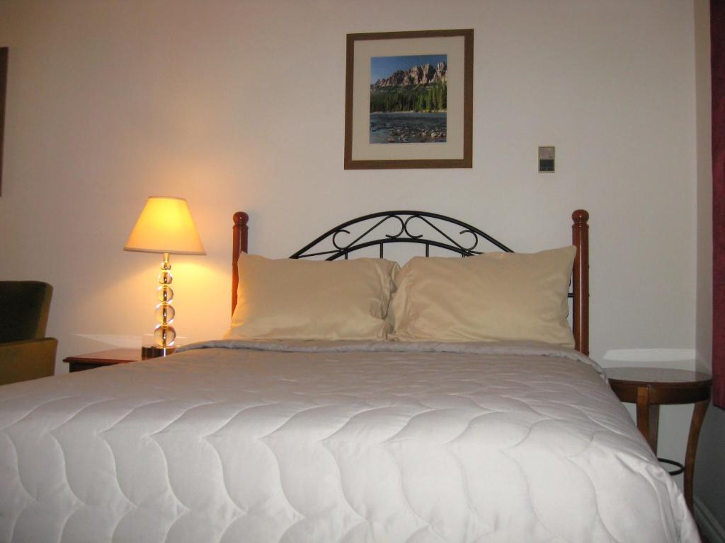 - une chambre avec un lit blanc et une lampe dans l'établissement Royal City Motor Inn, à Brooks