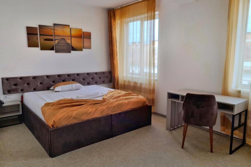 1 dormitorio con cama, escritorio y silla en Hotel Alexis, en Cluj-Napoca