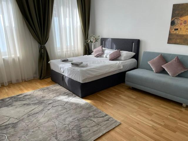 維也納的住宿－Vienna city apartment 2，一间卧室配有一张床和一张沙发